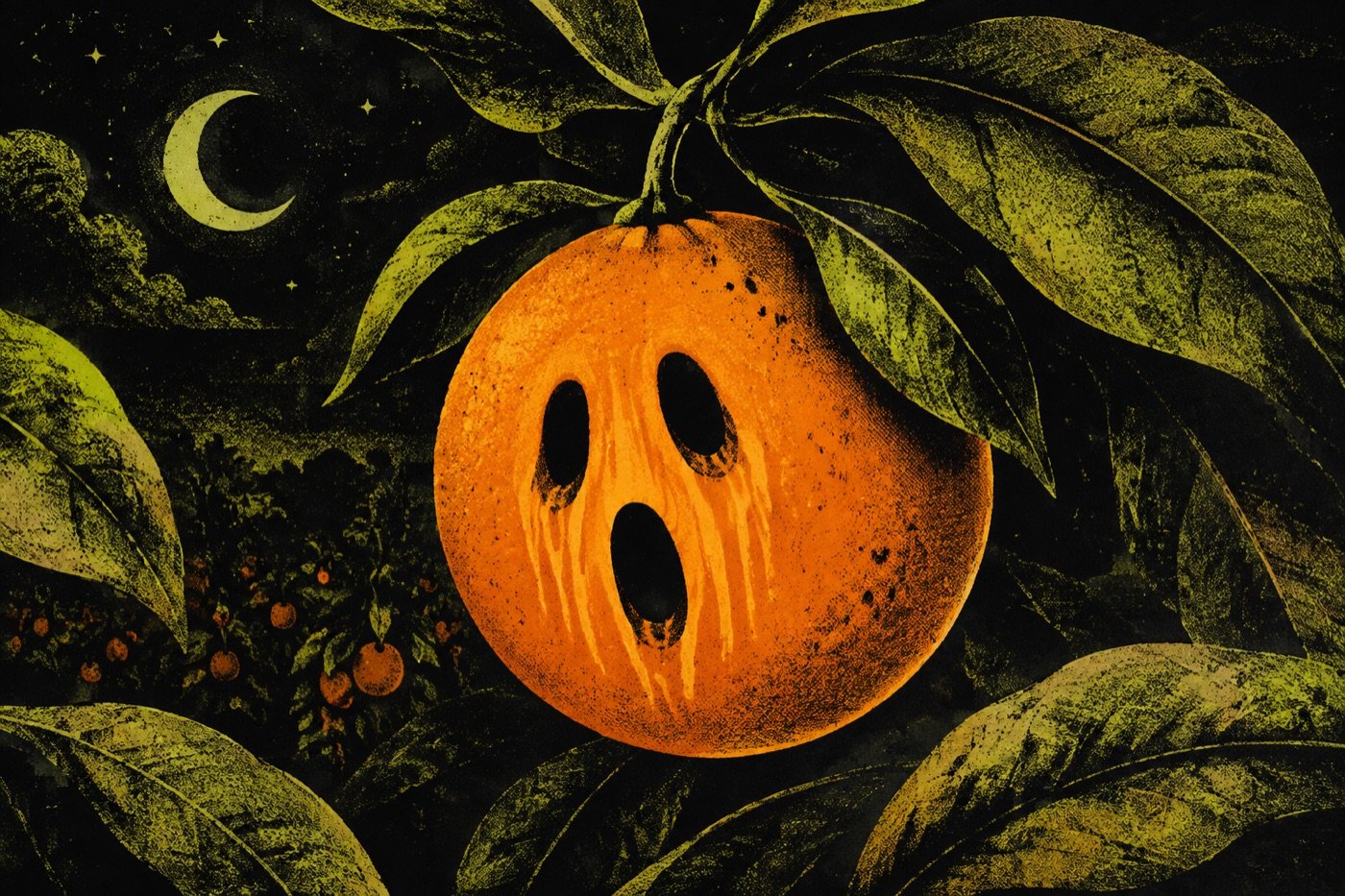 A frightened orange hanging in a moonlit orchard