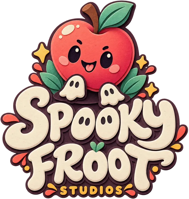 Spooky Froot Studios: a smiling apple, two little ghosts and playful lettering