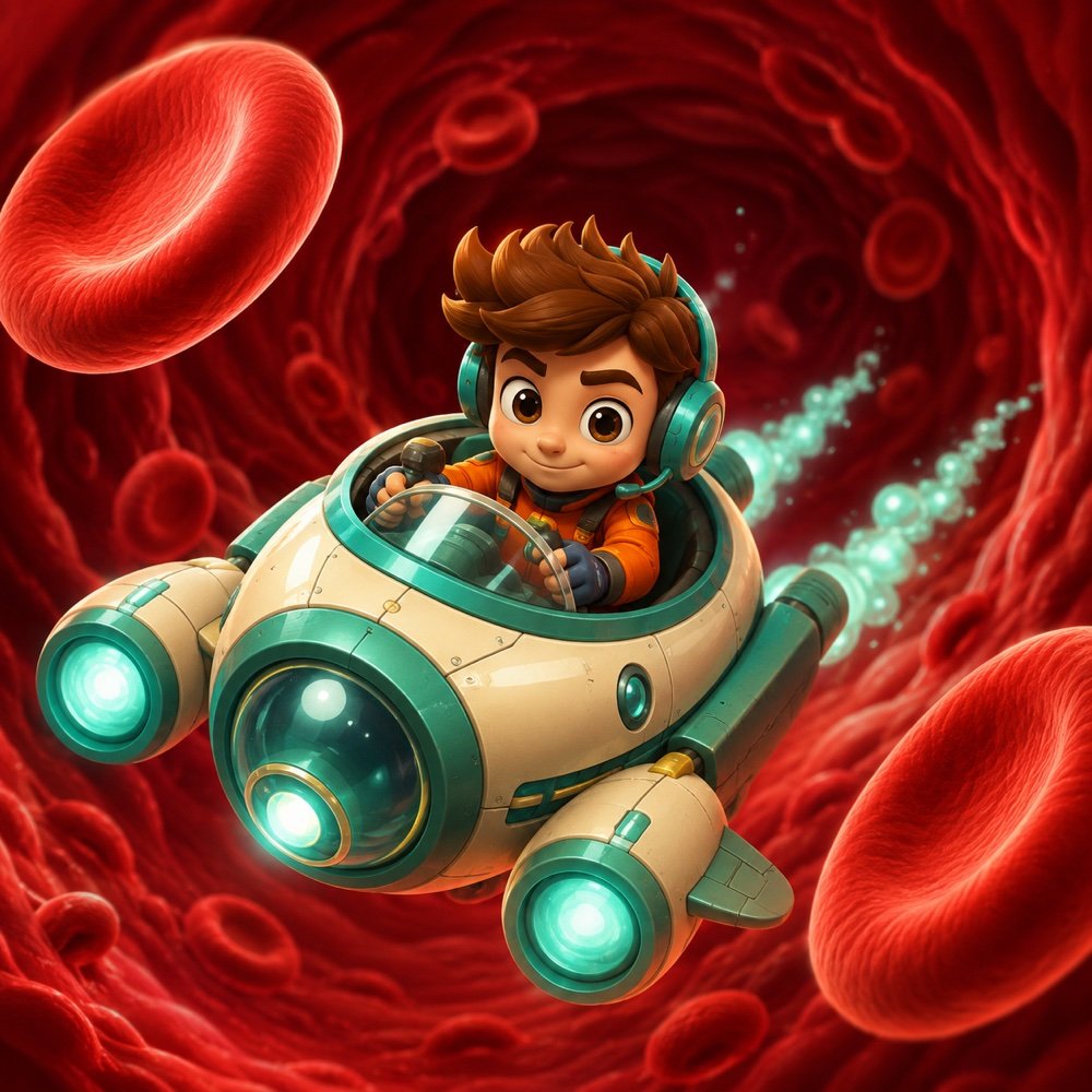 Red Blood Rush artwork: a tiny pilot flying a teal craft through a blood vessel full of red blood cells